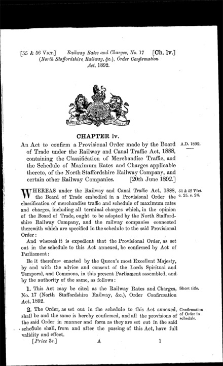 Railway Rates and Charges, No. 17 (North Staffordshire Railway, &c.) Order Confirmation Act 1892