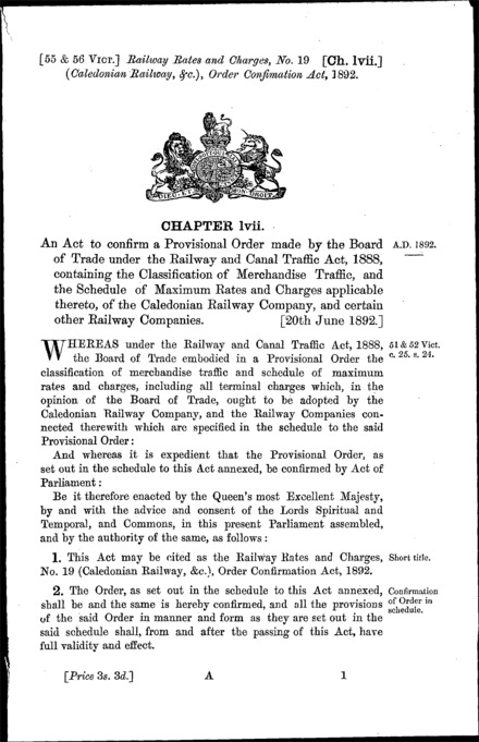 Railway Rates and Charges, No. 19 (Caledonian Railway, &c.) Order Confirmation Act 1892