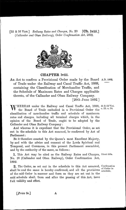 Railway Rates and Charges, No. 20 (Callander and Oban Railway) Order Confirmation Act 1892