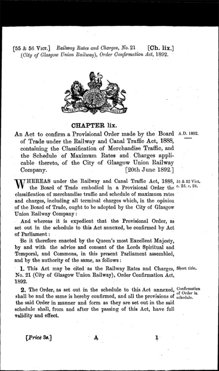 Railway Rates and Charges, No. 21 (City of Glasgow Union Railway) Order Confirmation Act 1892