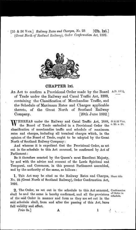 Railway Rates and Charges, No. 23 (Great North of Scotland Railway) Order Confirmation Act 1892