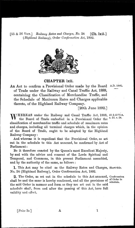 Railway Rates and Charges, No. 24 (Highland Railway) Order Confirmation Act 1892