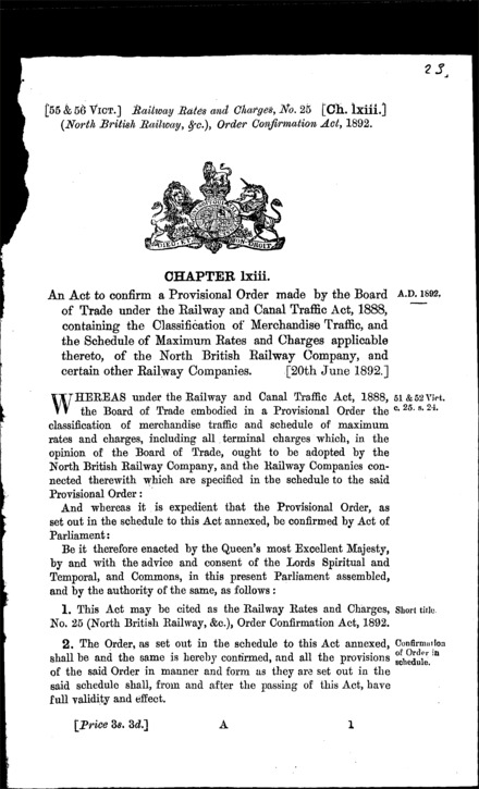 Railway Rates and Charges, No. 25 (North British Railway, &c.) Order Confirmation Act 1892