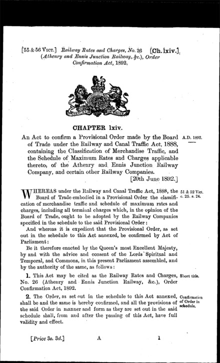 Railway Rates and Charges, No. 26 (Athenry and Ennis Junction Railway, &c.) Order Confirmation Act 1892