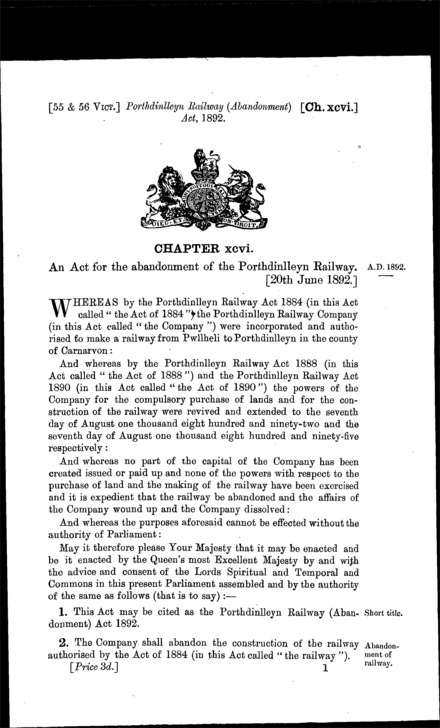 Porthdinlleyn Railway (Abandonment) Act 1892