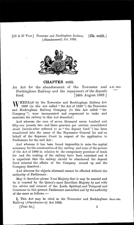 Towcester and Buckingham Railway (Abandonment) Act 1893