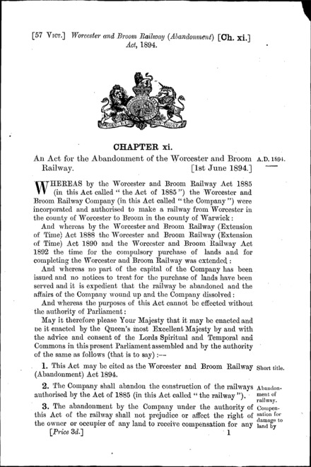 Worcester and Broom Railway (Abandonment) Act 1894