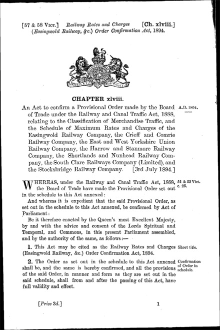 Railway Rates and Charges (Easingwold Railway, &c.) Order Confirmation Act 1894