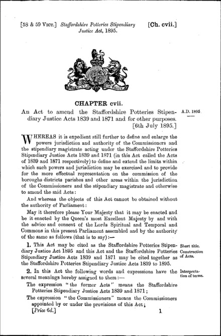 Staffordshire Potteries Stipendiary Justice Act 1895