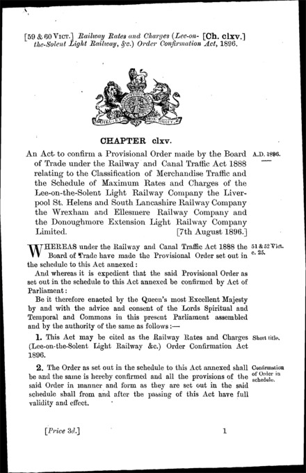 Railway Rates and Charges (Lee-on-the-Solent Light Railway &c.) Order Confirmation Act 1896