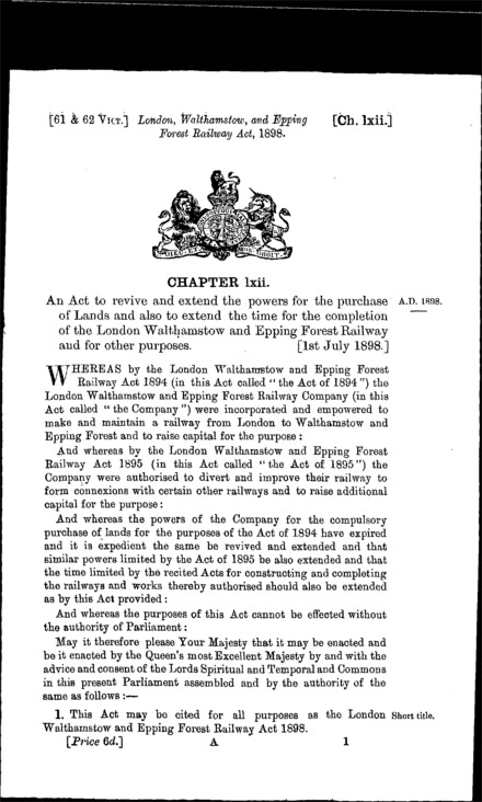 London, Walthamstow and Epping Forest Railway Act 1898