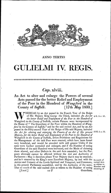 Wangford (Suffolk) Poor Relief Act 1833