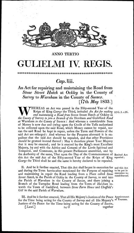 Ockley and Warnham Road Act 1833