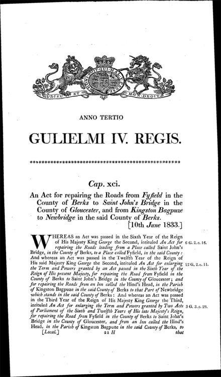 Fyfield and St. John's Bridge, and Kingston Bagpuize and Newbridge Roads Act 1833