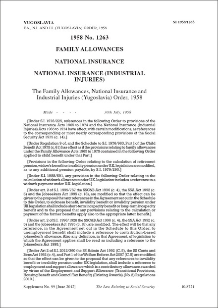 The Family Allowances, National Insurance and Industrial Injuries (Yugoslavia) Order, 1958
