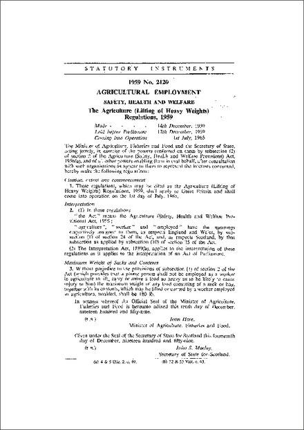 The Agriculture (Lifting of Heavy Weights) Regulations, 1959