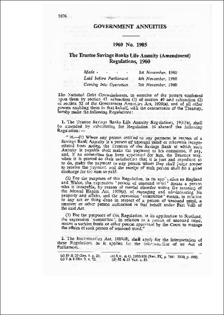 The Trustee Savings Banks Life Annuity (Amendment) Regulations, 1960