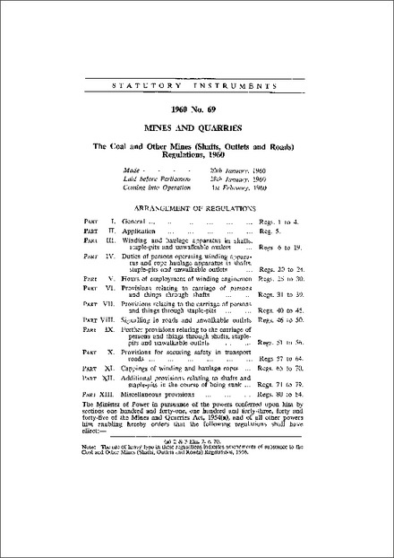 The Coal and Other Mines (Shafts, Outlets and Roads) Regulations, 1960