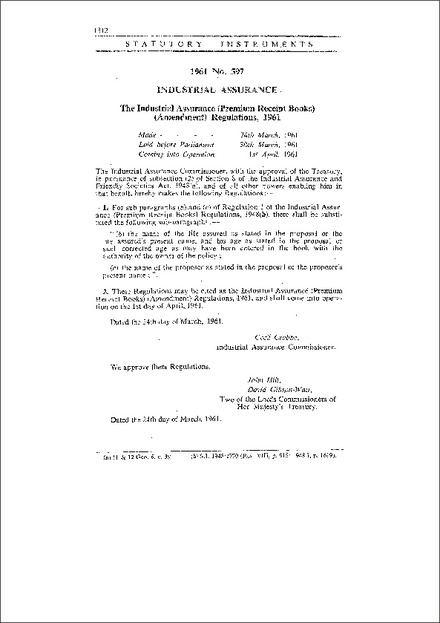 The Industrial Assurance (Premium Receipt Books) (Amendment) Regulations, 1961