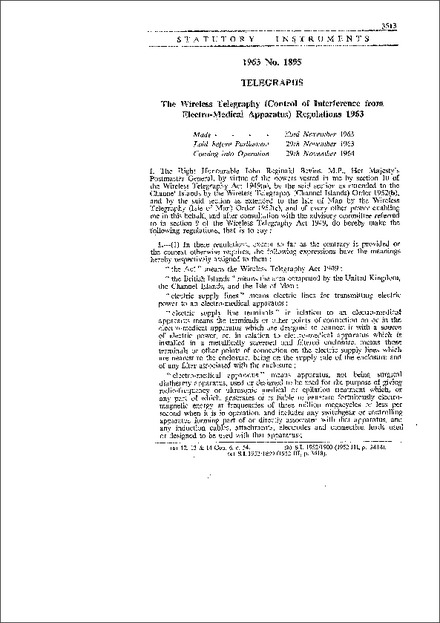 The Wireless Telegraphy (Control of Interference from Electro-Medical Apparatus) Regulations 1963