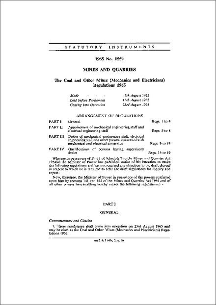 The Coal and Other Mines (Mechanics and Electricians) Regulations 1965