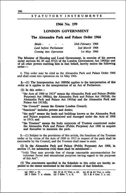 The Alexandra Park and Palace Order 1966