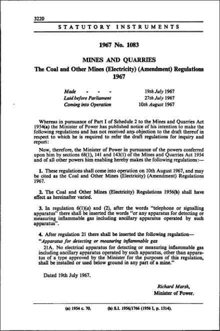The Coal and Other Mines (Electricity) (Amendment) Regulations 1967