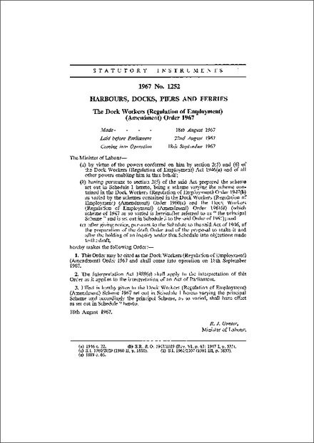The Dock Workers (Regulation of Employment) (Amendment) Order 1967