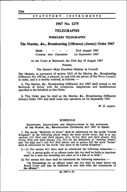 The Marine, etc., Broadcasting (Offences) (Jersey) Order 1967