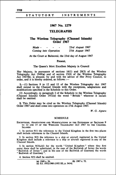 The Wireless Telegraphy (Channel Islands) Order 1967