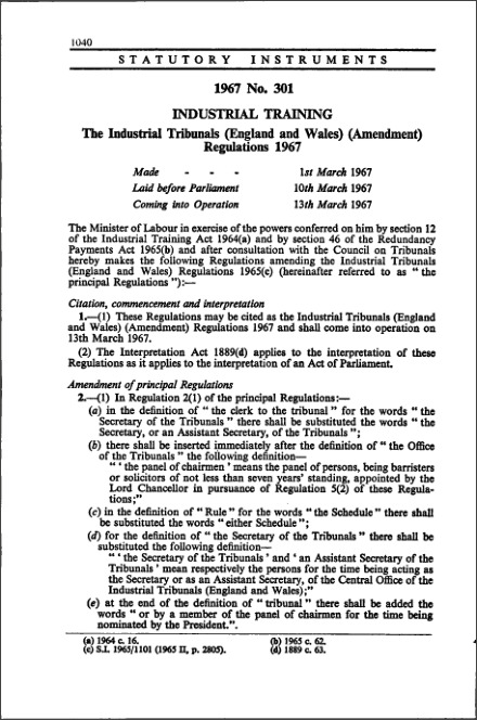 The Industrial Tribunals (England and Wales) (Amendment) Regulations 1967