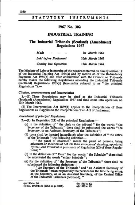 The Industrial Tribunals (Scotland) (Amendment) Regulations 1967