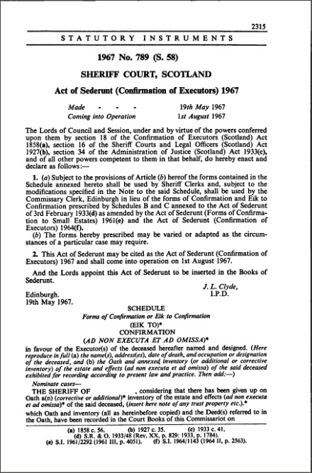 Act of Sederunt (Confirmation of Executors) 1967