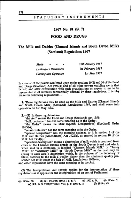 The Milk and Dairies (Channel Islands and South Devon Milk) (Scotland) Regulations 1967