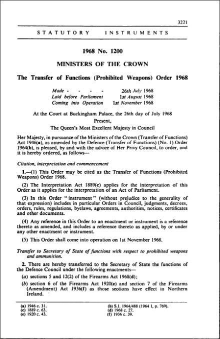 The Transfer of Functions (Prohibited Weapons) Order 1968