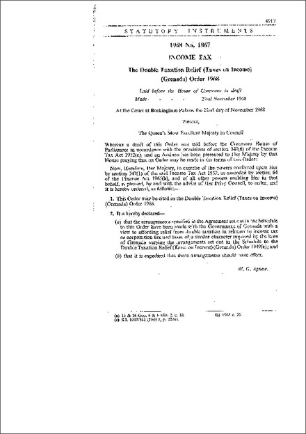 The Double Taxation Relief (Taxes on Income) (Grenada) Order, 1968