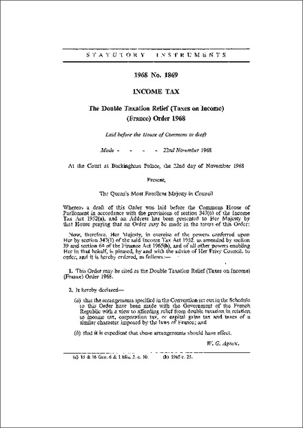 The Double Taxation Relief (Taxes on Income) (France) Order 1968
