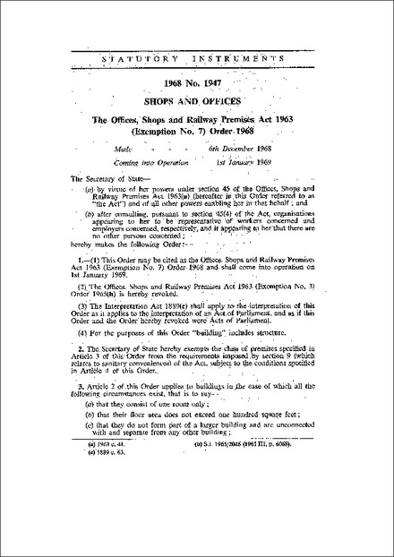 The Offices, Shops and Railway Premises Act 1963 (Exemption No. 7) Order 1968