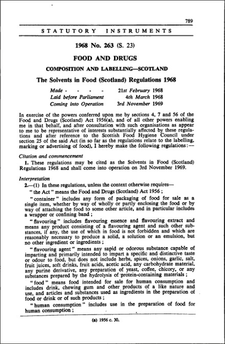 The Solvents in Food (Scotland) Regulations 1968