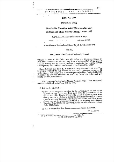 The Double Taxation Relief (Taxes on Income) (Gilbert and Ellice Islands Colony) Order 1968