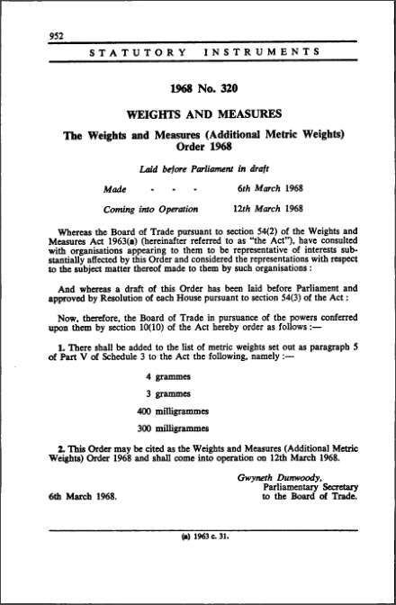 The Weights and Measures (Additional Metric Weights) Order 1968