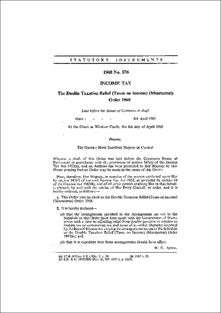 The Double Taxation Relief (Taxes on Income) (Montserrat) Order 1968