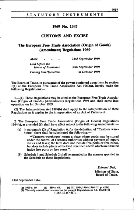 The European Free Trade Association (Origin of Goods) (Amendment) Regulations 1969