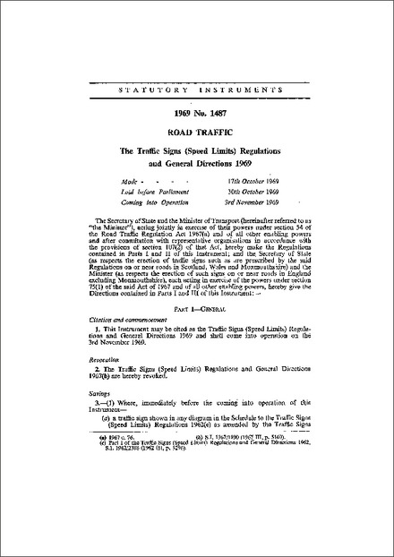 The Traffic Signs (Speed Limits) Regulations and General Directions 1969