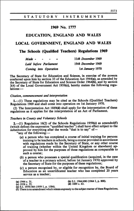The Schools (Qualified Teachers) Regulations 1969