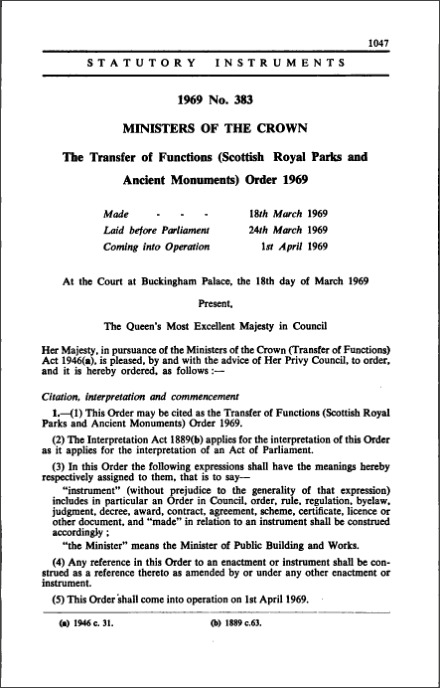 The Transfer of Functions (Scottish Royal Parks and Ancient Monuments) Order 1969