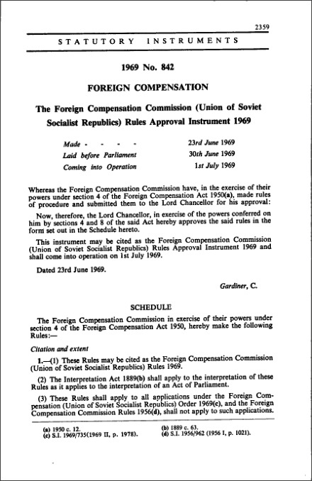 The Foreign Compensation Commission (Union of Soviet Socialist Republics) Rules Approval Instrument 1969