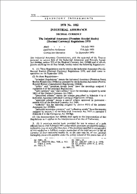 The Industrial Assurance (Premium Receipt Books) (Decimal Currency) Regulations 1970