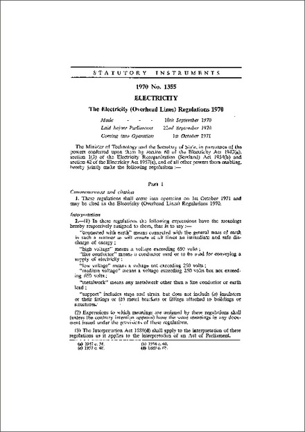 The Electricity (Overhead Lines) Regulations 1970