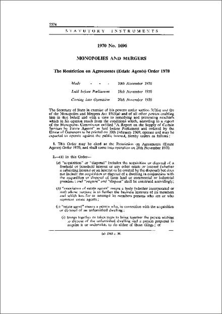 The Restriction on Agreements (Estate Agents) Order 1970